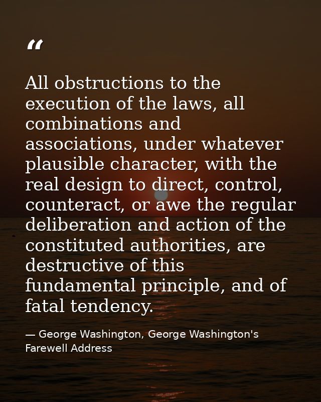 All obstructions to the execution of the laws, all combinations and associations, under whatever plausible character, wi — George Washington, George Washington's Farewell Address