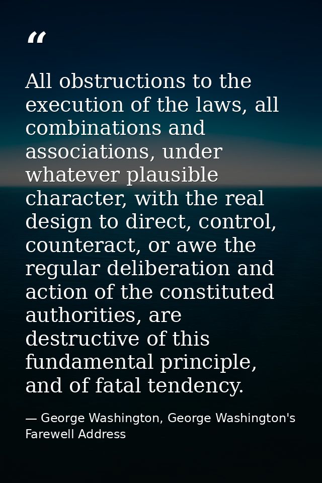 All obstructions to the execution of the laws, all combinations and associations, under whatever plausible character, wi — George Washington, George Washington's Farewell Address