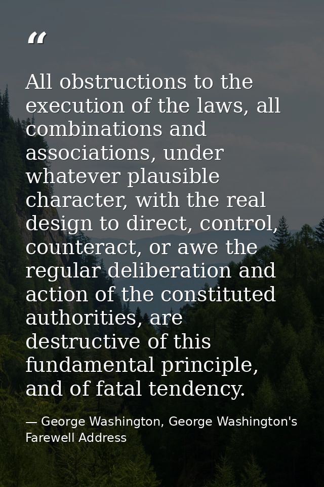 All obstructions to the execution of the laws, all combinations and associations, under whatever plausible character, wi — George Washington, George Washington's Farewell Address