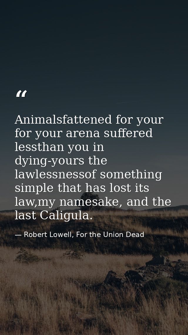 Animalsfattened for your for your arena suffered lessthan you in dying-yours the lawlessnessof something simple that has — Robert Lowell, For the Union Dead