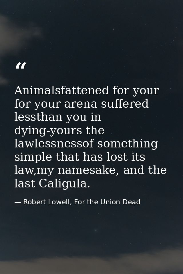 Animalsfattened for your for your arena suffered lessthan you in dying-yours the lawlessnessof something simple that has — Robert Lowell, For the Union Dead