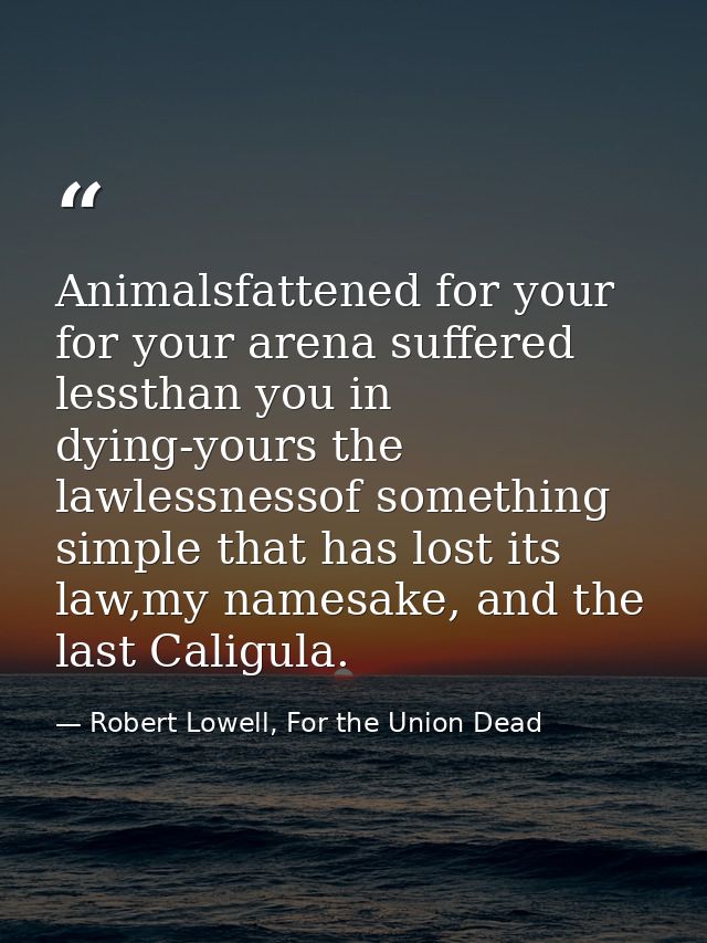 Animalsfattened for your for your arena suffered lessthan you in dying-yours the lawlessnessof something simple that has — Robert Lowell, For the Union Dead