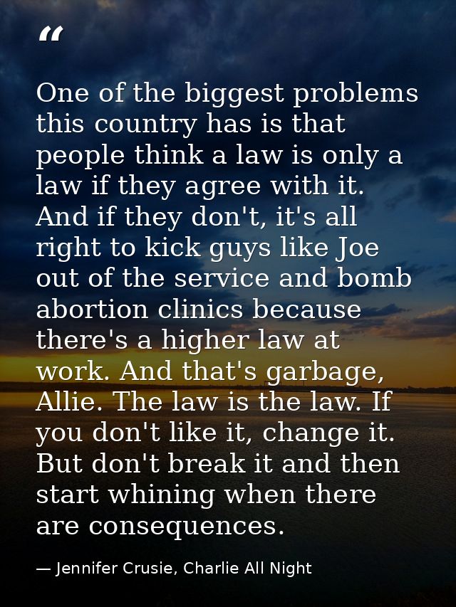 One of the biggest problems this country has is that people think a law is only a law if they agree with it. And if they — Jennifer Crusie, Charlie All Night