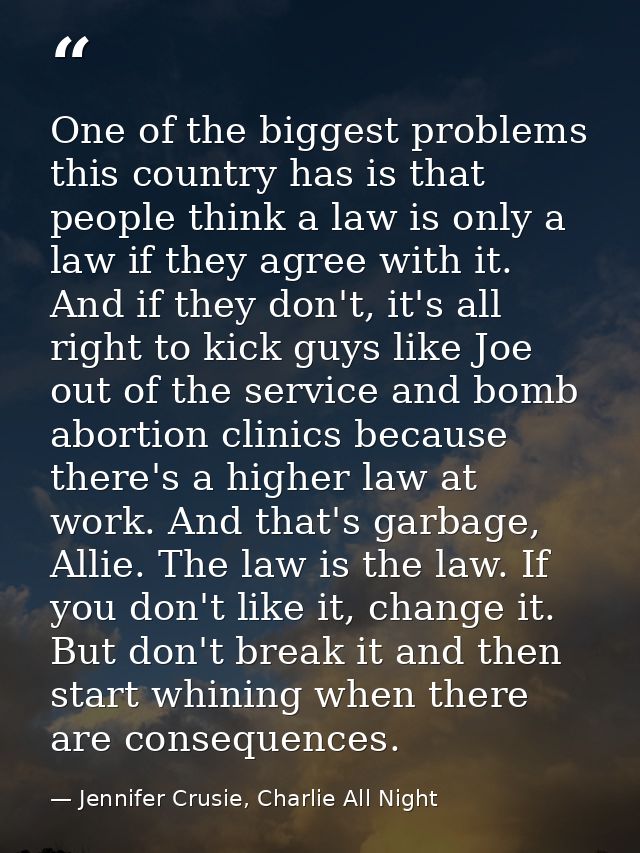 One of the biggest problems this country has is that people think a law is only a law if they agree with it. And if they — Jennifer Crusie, Charlie All Night