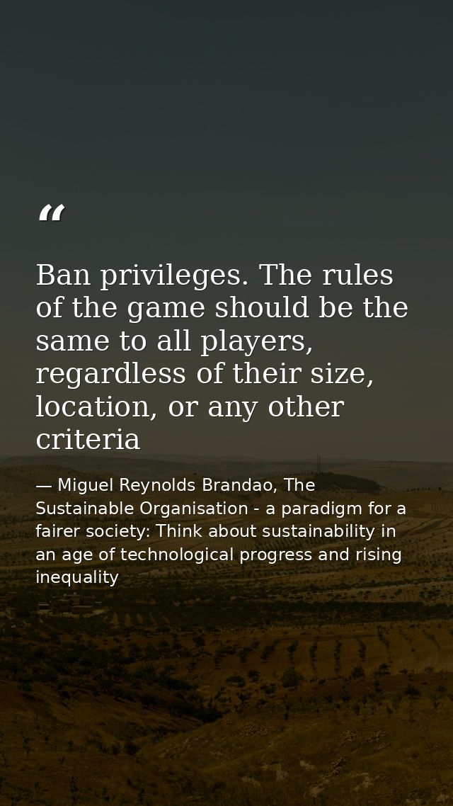 Ban privileges. The rules of the game should be the same to all players, regardless of their size, location, or any othe — Miguel Reynolds Brandao, The Sustainable Organisation - a paradigm for a fairer society: Think about sustainability in an age of technological progress and rising inequality