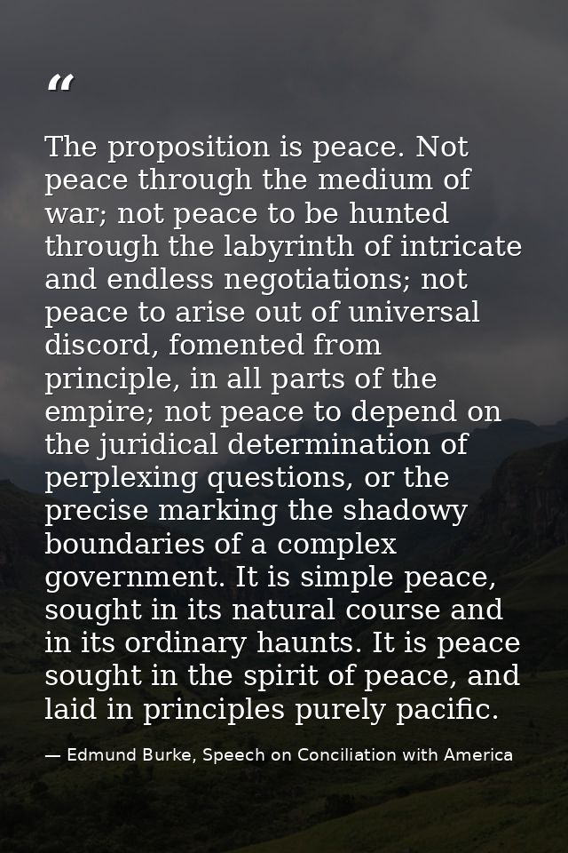 The proposition is peace. Not peace through the medium of war; not peace to be hunted through the labyrinth of intricate — Edmund Burke, Speech on Conciliation with America