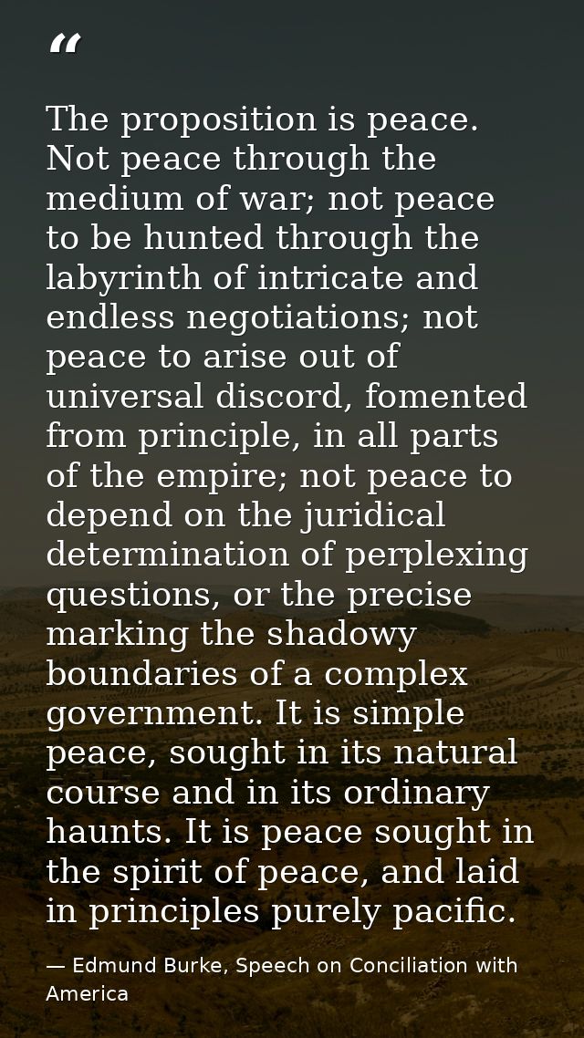 The proposition is peace. Not peace through the medium of war; not peace to be hunted through the labyrinth of intricate — Edmund Burke, Speech on Conciliation with America