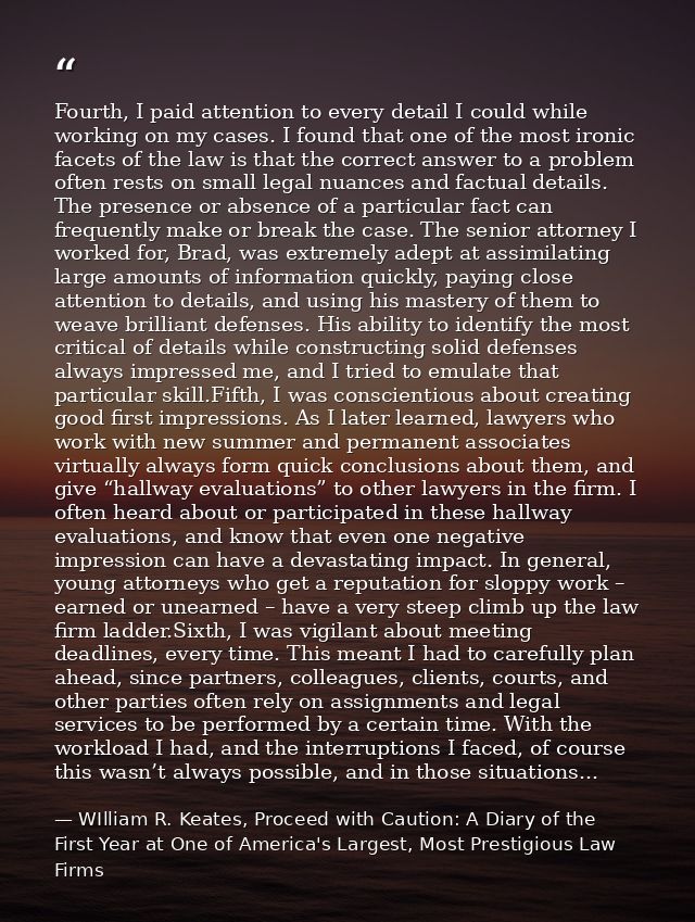 Fourth, I paid attention to every detail I could while working on my cases. I found that one of the most ironic facets o — WIlliam R. Keates, Proceed with Caution: A Diary of the First Year at One of America's Largest, Most Prestigious Law Firms