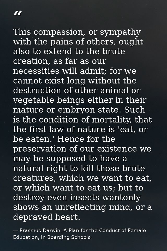 This compassion, or sympathy with the pains of others, ought also to extend to the brute creation, as far as our necessi — Erasmus Darwin, A Plan for the Conduct of Female Education, in Boarding Schools