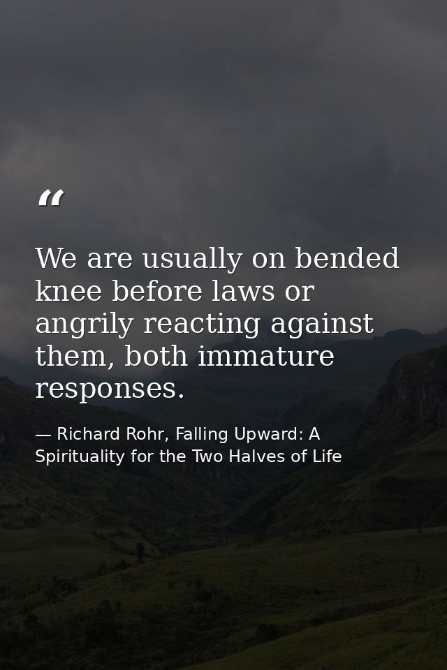 We are usually on bended knee before laws or angrily reacting against them, both immature responses. — Richard Rohr, Falling Upward: A Spirituality for the Two Halves of Life