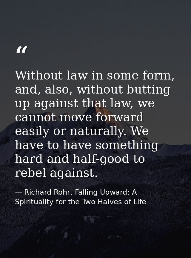 Without law in some form, and, also, without butting up against that law, we cannot move forward easily or naturally. We — Richard Rohr, Falling Upward: A Spirituality for the Two Halves of Life