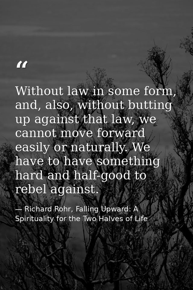 Without law in some form, and, also, without butting up against that law, we cannot move forward easily or naturally. We — Richard Rohr, Falling Upward: A Spirituality for the Two Halves of Life