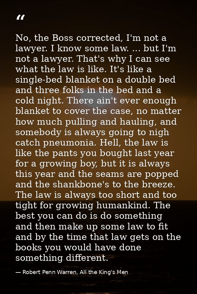 No, the Boss corrected, I'm not a lawyer. I know some law. ... but I'm not a lawyer. That's why I can see what the law i — Robert Penn Warren, All the King's Men