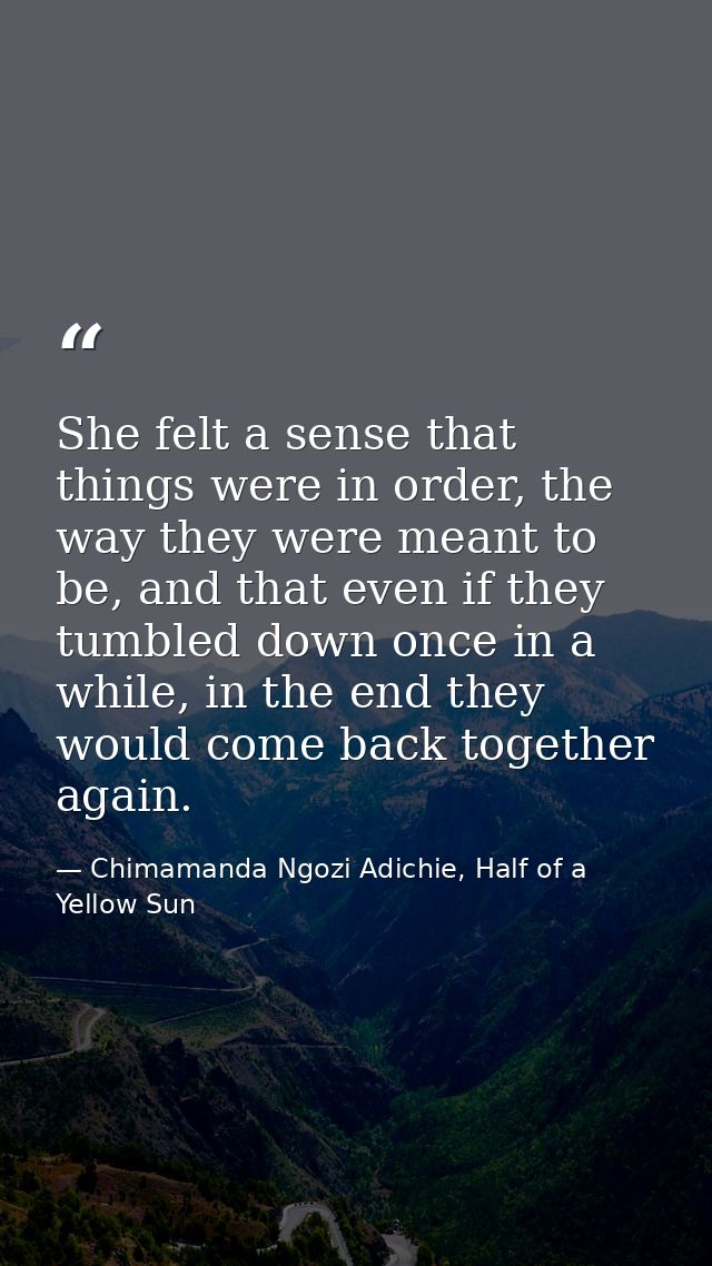 She felt a sense that things were in order, the way they were meant to be, and that even if they tumbled down once in a  — Chimamanda Ngozi Adichie, Half of a Yellow Sun