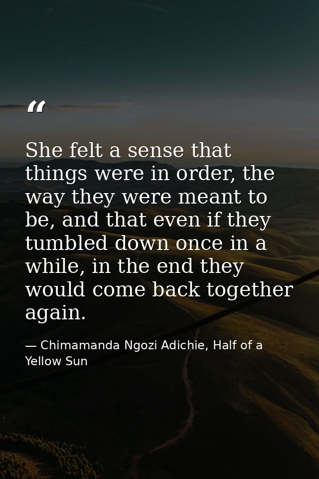 She felt a sense that things were in order, the way they were meant to be, and that even if they tumbled down once in a  — Chimamanda Ngozi Adichie, Half of a Yellow Sun