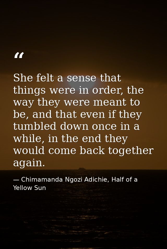 She felt a sense that things were in order, the way they were meant to be, and that even if they tumbled down once in a  — Chimamanda Ngozi Adichie, Half of a Yellow Sun