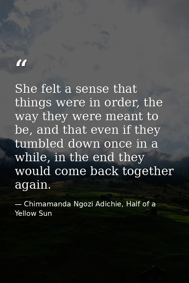 She felt a sense that things were in order, the way they were meant to be, and that even if they tumbled down once in a  — Chimamanda Ngozi Adichie, Half of a Yellow Sun