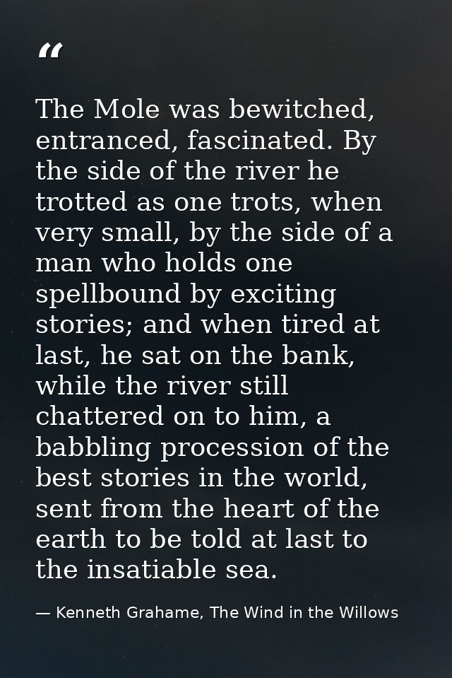 The Mole was bewitched, entranced, fascinated. By the side of the river he trotted as one trots, when very small, by the — Kenneth Grahame, The Wind in the Willows