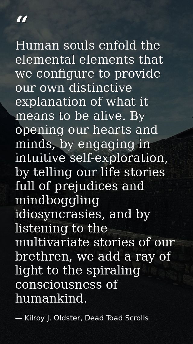 Human souls enfold the elemental elements that we configure to provide our own distinctive explanation of what it means  — Kilroy J. Oldster, Dead Toad Scrolls