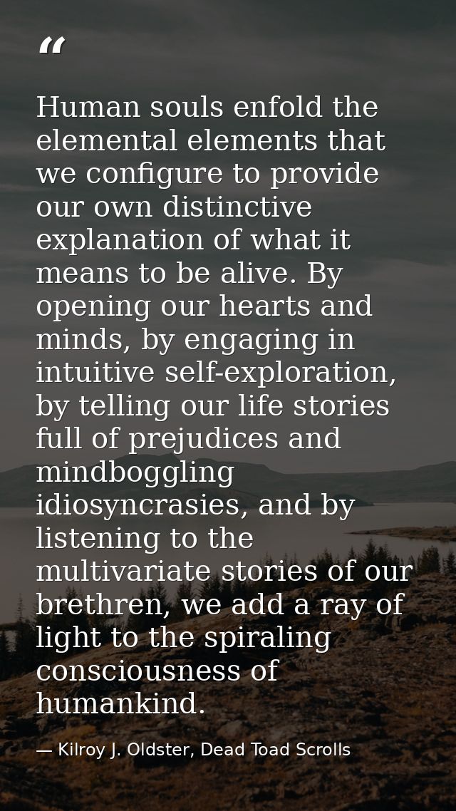 Human souls enfold the elemental elements that we configure to provide our own distinctive explanation of what it means  — Kilroy J. Oldster, Dead Toad Scrolls