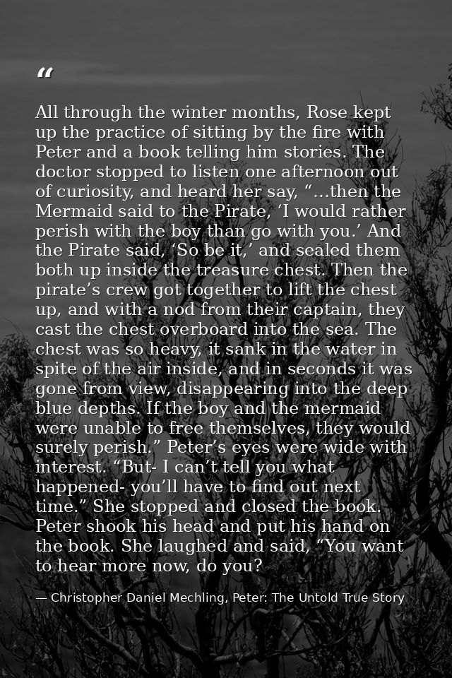 All through the winter months, Rose kept up the practice of sitting by the fire with Peter and a book telling him storie — Christopher Daniel Mechling, Peter: The Untold True Story