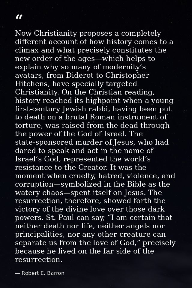 Now Christianity proposes a completely different account of how history comes to a climax and what precisely constitutes — Robert E. Barron