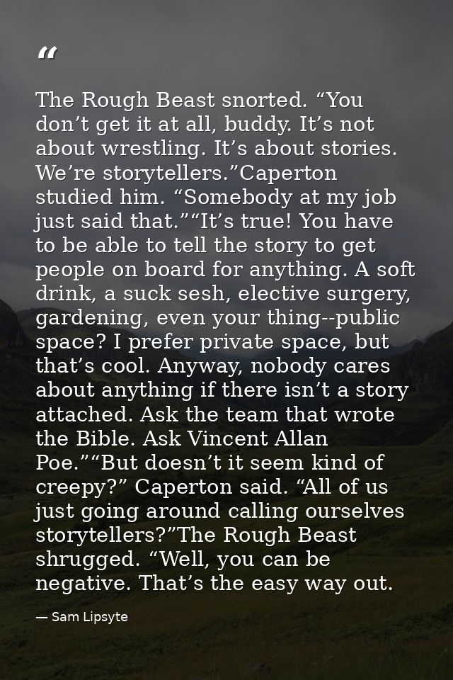 The Rough Beast snorted. “You don’t get it at all, buddy. It’s not about wrestling. It’s about stories. We’re storytelle — Sam Lipsyte