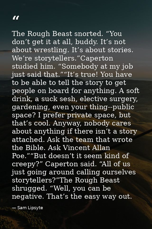The Rough Beast snorted. “You don’t get it at all, buddy. It’s not about wrestling. It’s about stories. We’re storytelle — Sam Lipsyte
