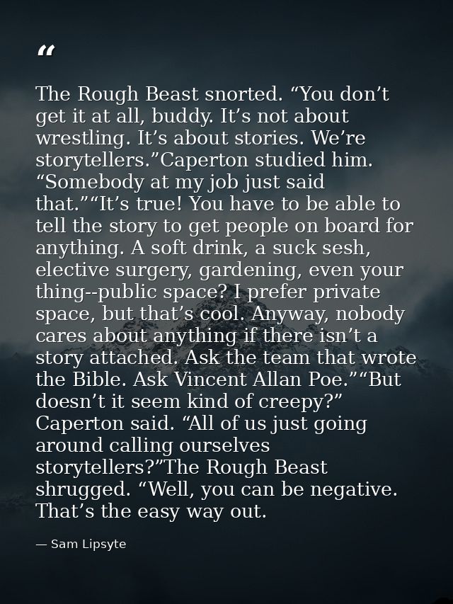 The Rough Beast snorted. “You don’t get it at all, buddy. It’s not about wrestling. It’s about stories. We’re storytelle — Sam Lipsyte