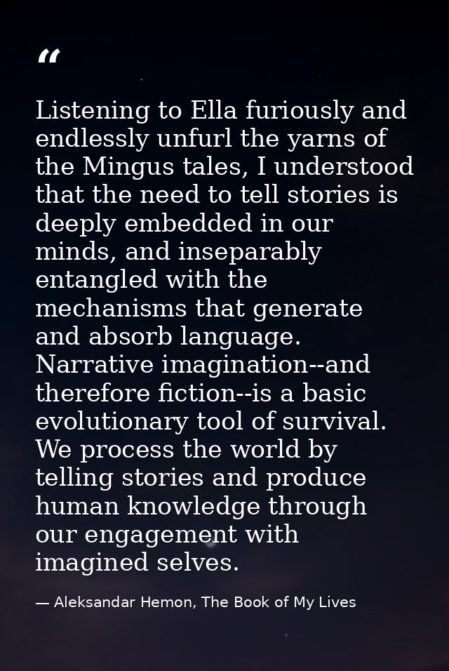 Listening to Ella furiously and endlessly unfurl the yarns of the Mingus tales, I understood that the need to tell stori — Aleksandar Hemon, The Book of My Lives