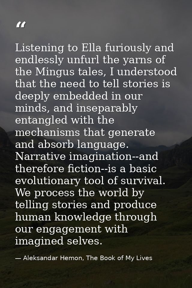 Listening to Ella furiously and endlessly unfurl the yarns of the Mingus tales, I understood that the need to tell stori — Aleksandar Hemon, The Book of My Lives
