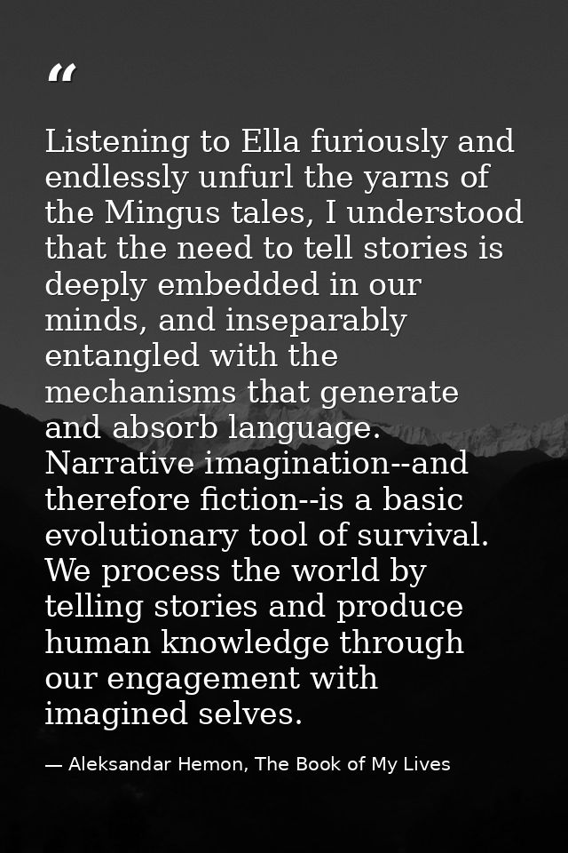 Listening to Ella furiously and endlessly unfurl the yarns of the Mingus tales, I understood that the need to tell stori — Aleksandar Hemon, The Book of My Lives