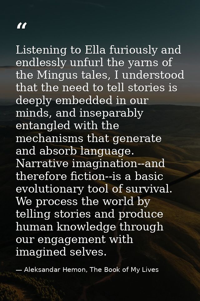 Listening to Ella furiously and endlessly unfurl the yarns of the Mingus tales, I understood that the need to tell stori — Aleksandar Hemon, The Book of My Lives