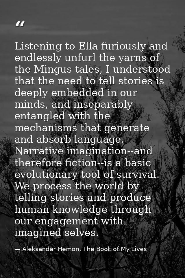 Listening to Ella furiously and endlessly unfurl the yarns of the Mingus tales, I understood that the need to tell stori — Aleksandar Hemon, The Book of My Lives