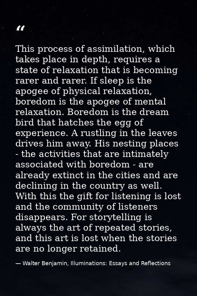 This process of assimilation, which takes place in depth, requires a state of relaxation that is becoming rarer and rare — Walter Benjamin, Illuminations: Essays and Reflections