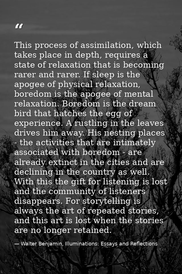 This process of assimilation, which takes place in depth, requires a state of relaxation that is becoming rarer and rare — Walter Benjamin, Illuminations: Essays and Reflections