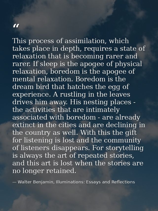 This process of assimilation, which takes place in depth, requires a state of relaxation that is becoming rarer and rare — Walter Benjamin, Illuminations: Essays and Reflections
