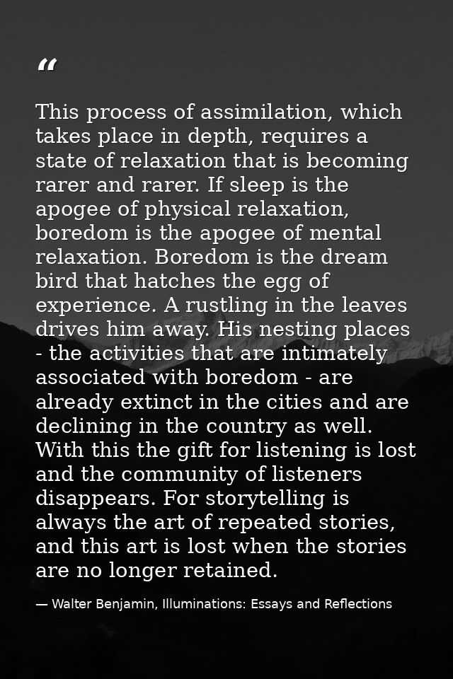 This process of assimilation, which takes place in depth, requires a state of relaxation that is becoming rarer and rare — Walter Benjamin, Illuminations: Essays and Reflections