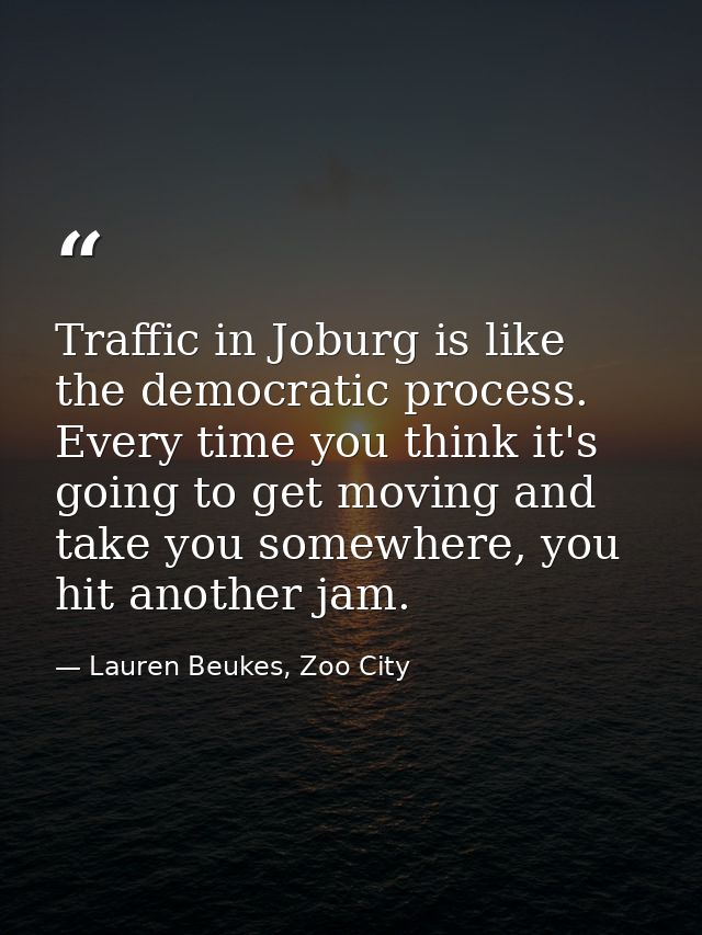 Traffic in Joburg is like the democratic process. Every time you think it's going to get moving and take you somewhere,  — Lauren Beukes, Zoo City