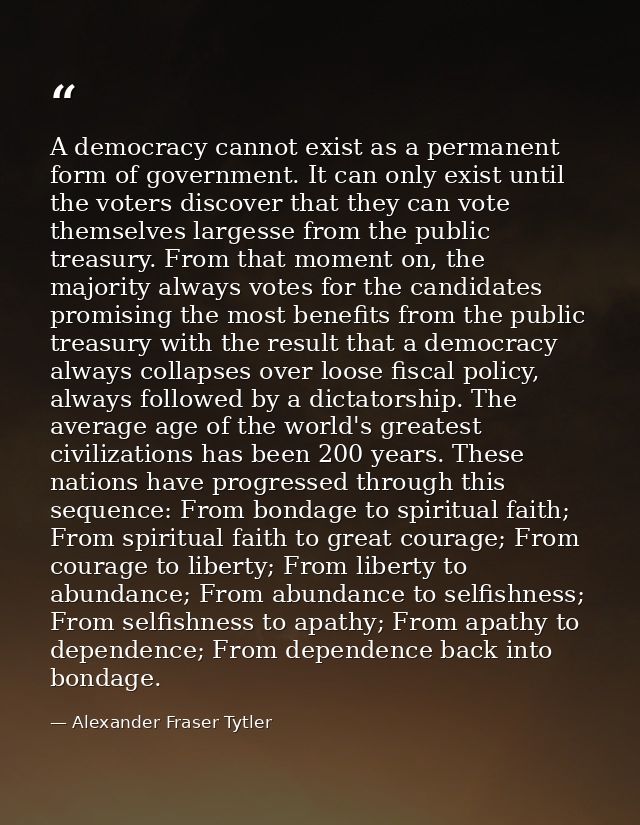 A democracy cannot exist as a permanent form of government. It can only exist until the voters discover that they can vo — Alexander Fraser Tytler