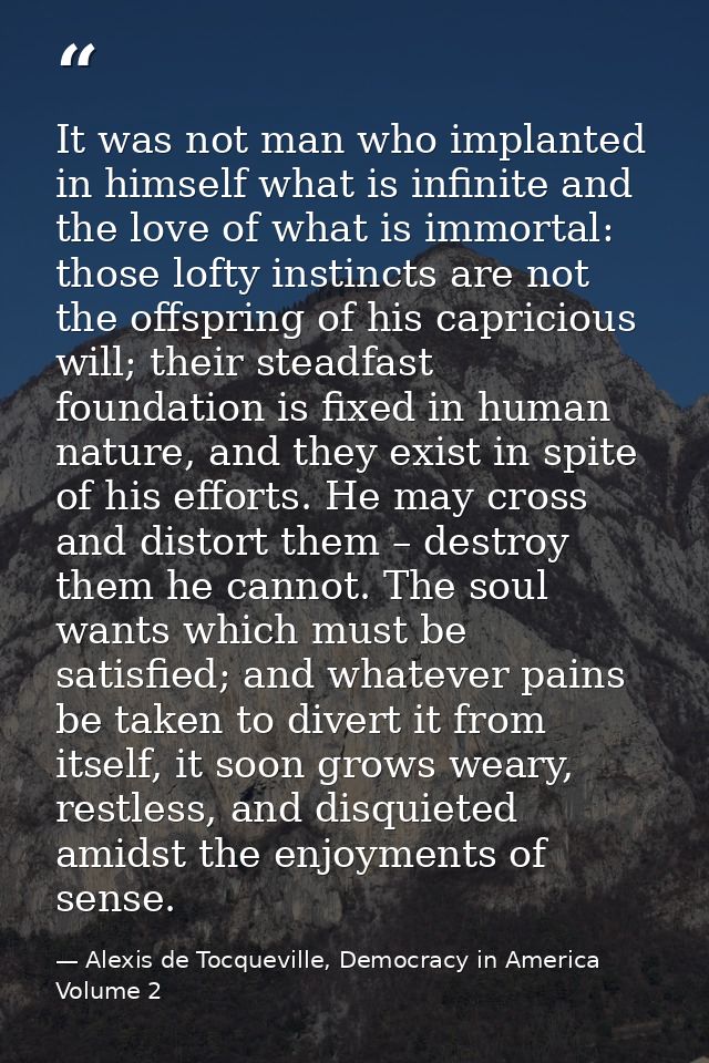 It was not man who implanted in himself what is infinite and the love of what is immortal: those lofty instincts are not — Alexis de Tocqueville, Democracy in America Volume 2