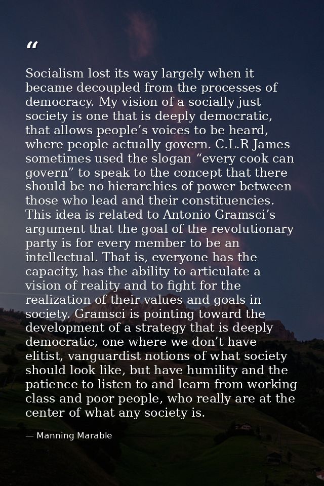 Socialism lost its way largely when it became decoupled from the processes of democracy. My vision of a socially just so — Manning Marable