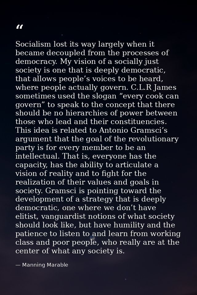 Socialism lost its way largely when it became decoupled from the processes of democracy. My vision of a socially just so — Manning Marable
