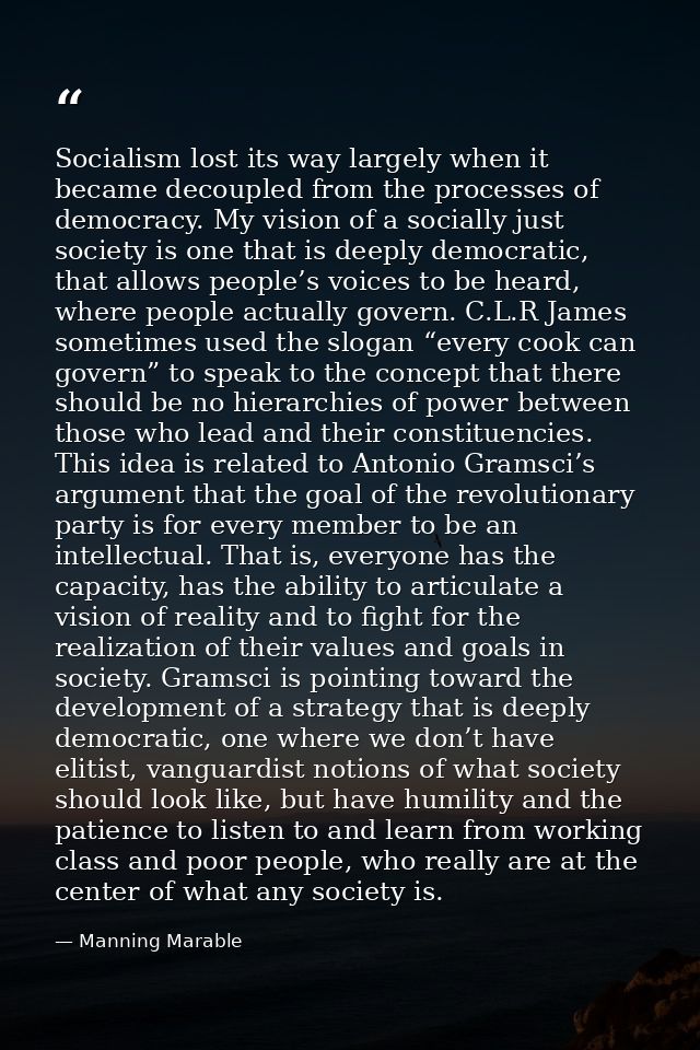 Socialism lost its way largely when it became decoupled from the processes of democracy. My vision of a socially just so — Manning Marable