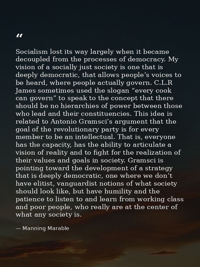Socialism lost its way largely when it became decoupled from the processes of democracy. My vision of a socially just so — Manning Marable
