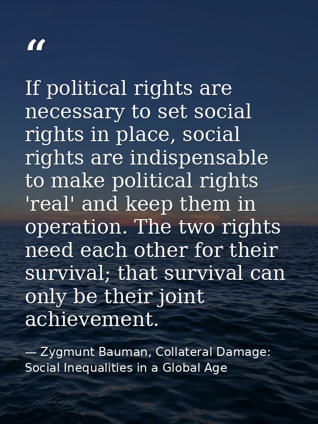 If political rights are necessary to set social rights in place, social rights are indispensable to make political right — Zygmunt Bauman, Collateral Damage: Social Inequalities in a Global Age