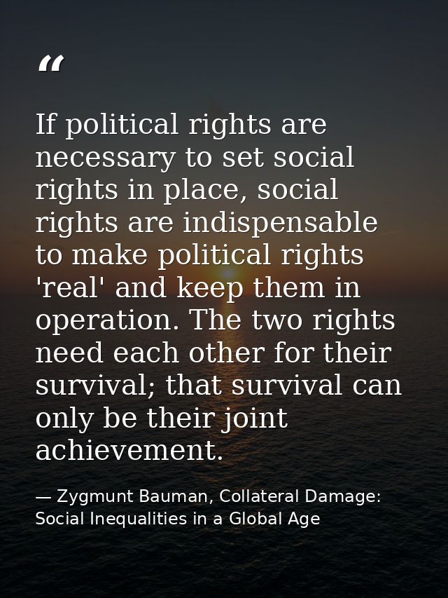 If political rights are necessary to set social rights in place, social rights are indispensable to make political right — Zygmunt Bauman, Collateral Damage: Social Inequalities in a Global Age