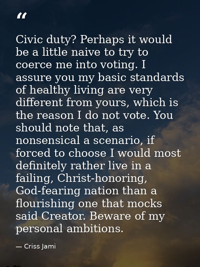 Civic duty? Perhaps it would be a little naive to try to coerce me into voting. I assure you my basic standards of healt — Criss Jami
