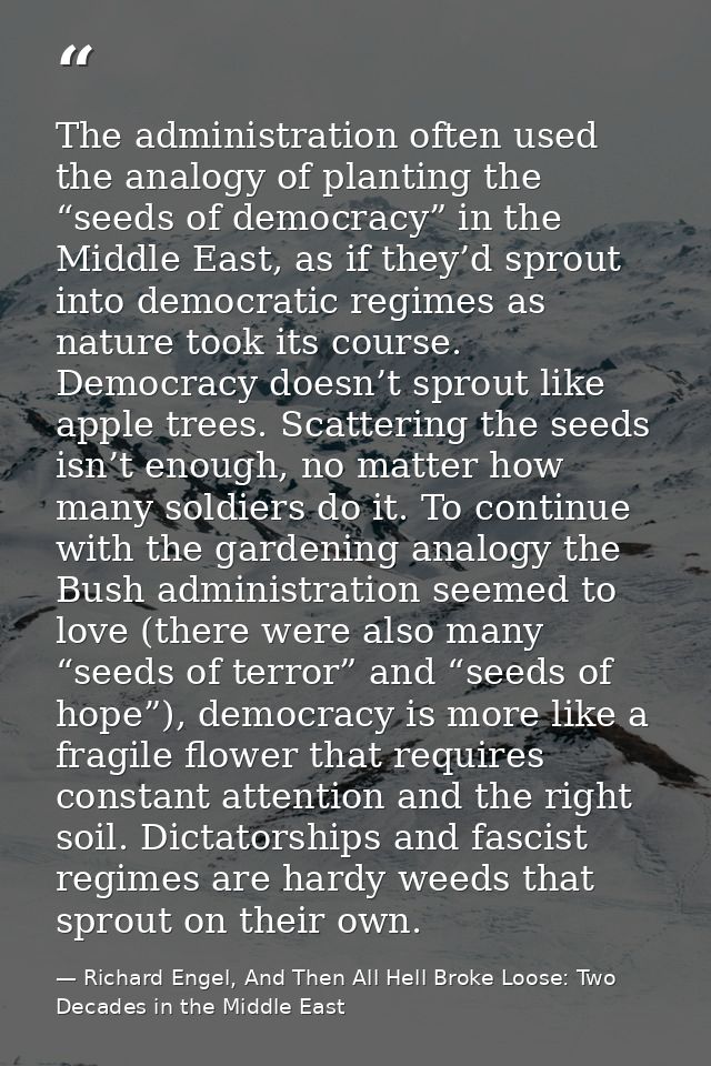 The administration often used the analogy of planting the “seeds of democracy” in the Middle East, as if they’d sprout i — Richard Engel, And Then All Hell Broke Loose: Two Decades in the Middle East