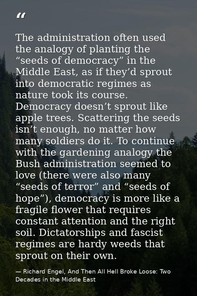 The administration often used the analogy of planting the “seeds of democracy” in the Middle East, as if they’d sprout i — Richard Engel, And Then All Hell Broke Loose: Two Decades in the Middle East